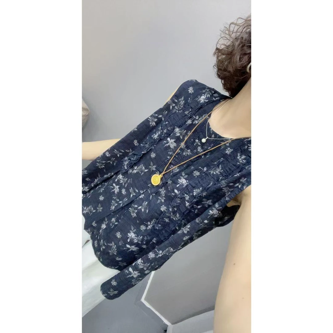 麻感无袖碎花衬衫