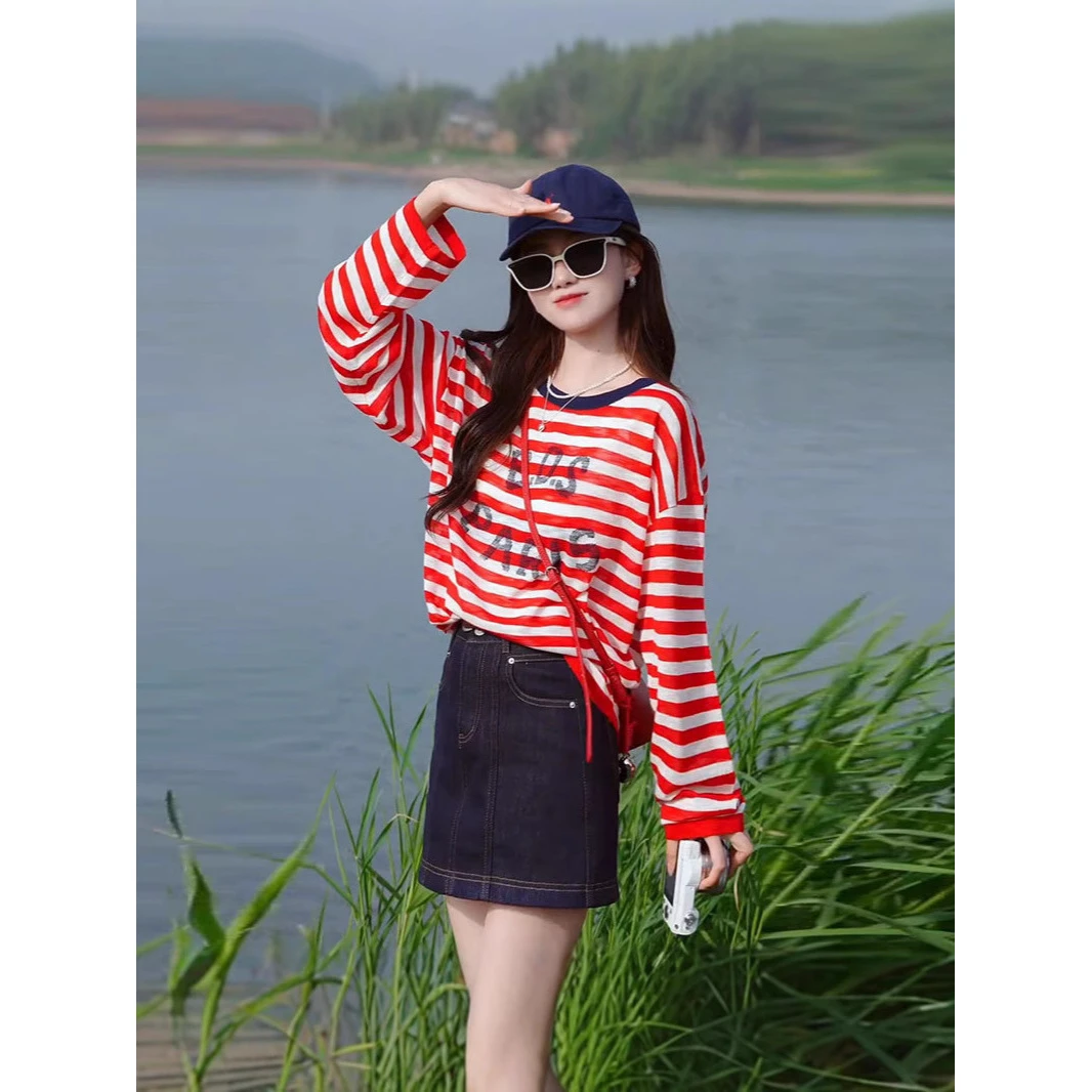 欧时尚字母撞色条纹长袖T恤女夏新款洋气减龄显瘦透气上衣