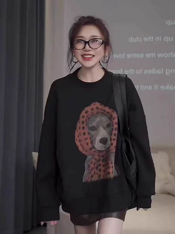 今年流行的爆款女装早秋气质黑色头巾小狗卫衣高级感chic别致上衣