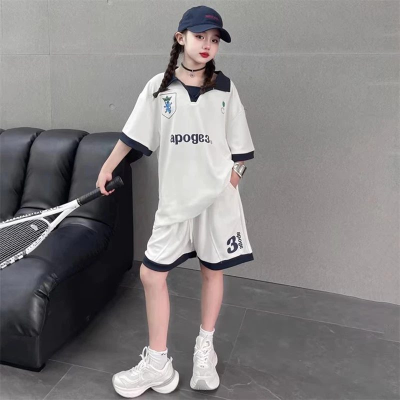 时尚新款洋气夏季学院夏装休闲两件套短裤百搭女童运动套装儿童潮