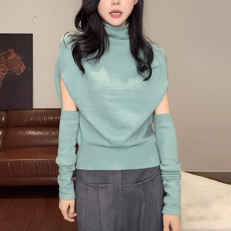 慵懒风绿色高领毛衣女秋冬时尚修身显瘦洋气减龄蝙蝠袖针织衫上衣