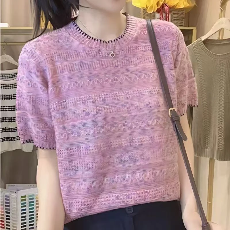 设计潮流百搭花边圆领针织上衣2025夏季短袖T恤新款时尚气质显瘦