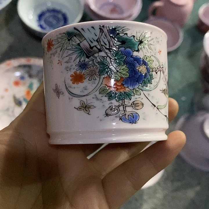 摆件陶红稀土和风花鸟直筒杯