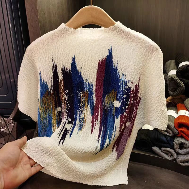 褶皱夏季新品短袖印花浮雕套头修身白色显瘦上衣简约百搭时尚打底