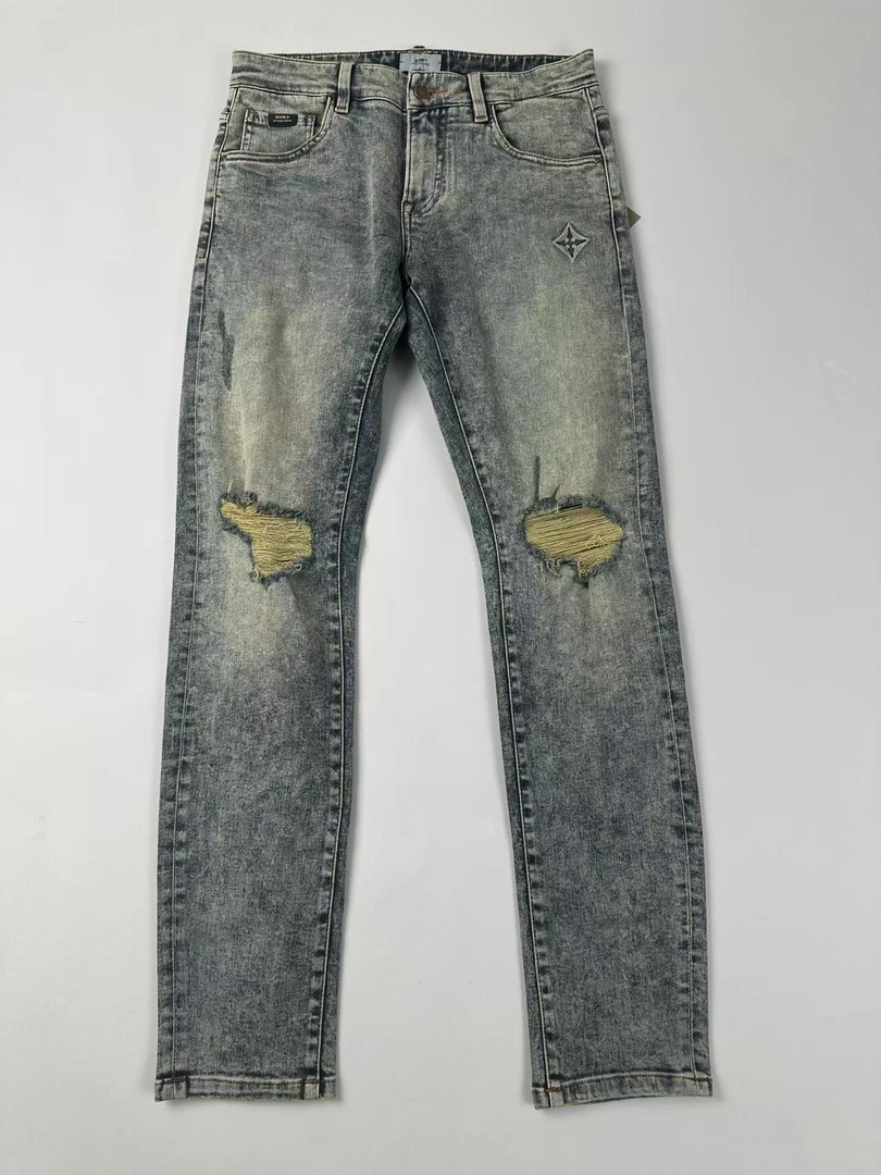 简约石磨怀旧破洞洗水弹力薄款合身直筒牛仔裤 夏季 RM21223186