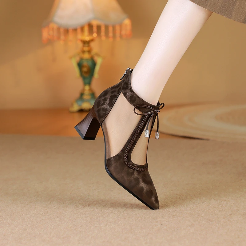 GLS/豹纹真皮透气网靴9120/牛皮/34-42/网纱凉靴时尚尖头高跟女鞋