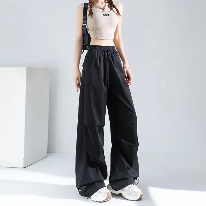 拉夏贝尔美式速干工装裤女秋装薄款高腰显瘦束脚裤休闲垂感运动裤