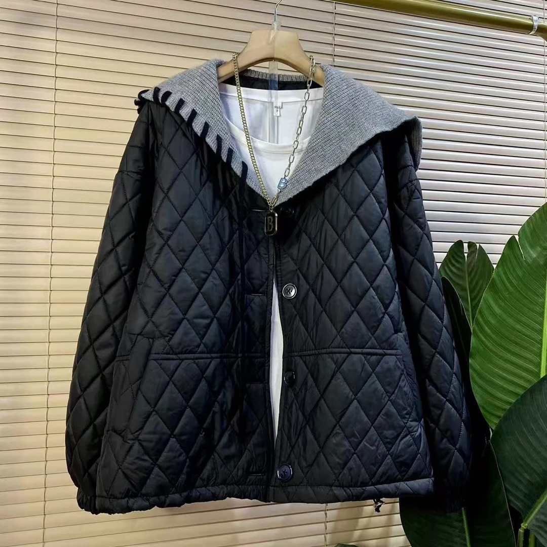 H胖mm欧货时尚新款针织披肩领洋气菱格棉服外套