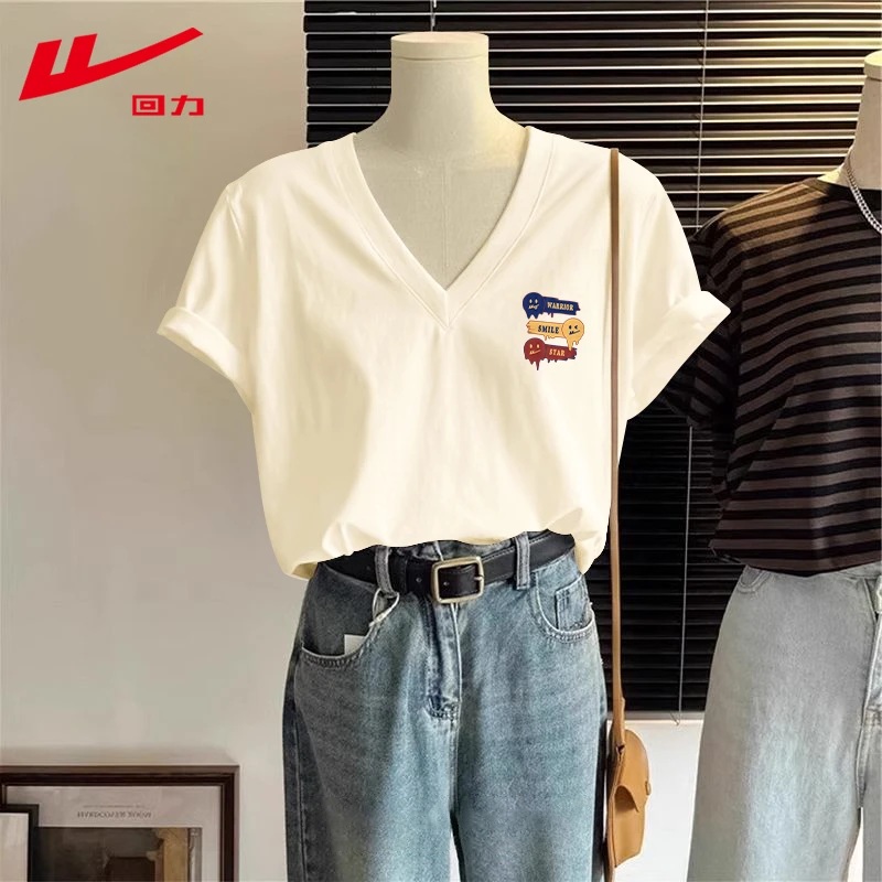 回力纯棉正肩短袖t恤夏季女款高级感流独特漂亮超好看v领单穿上衣