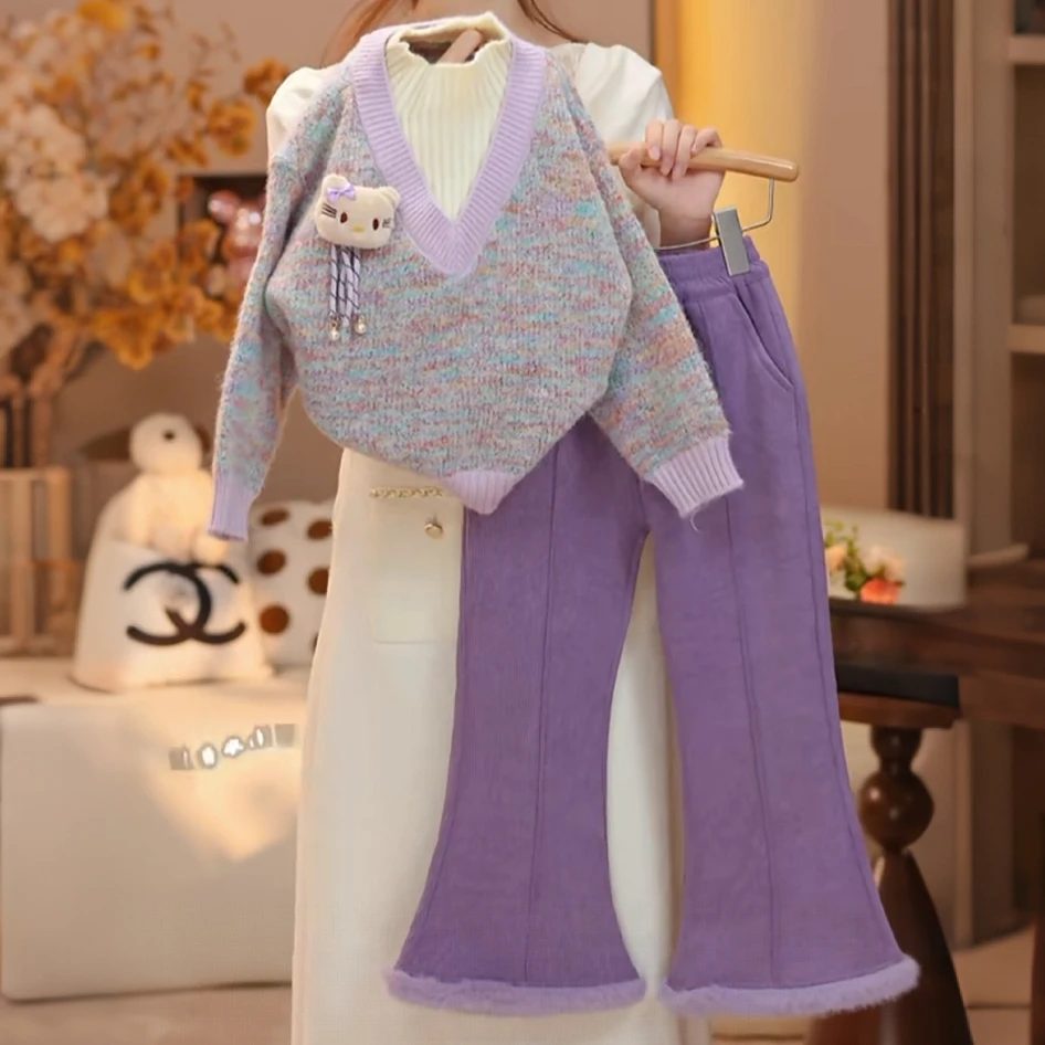 米小逗女童2025秋冬加绒加厚毛衣洋气加绒牛仔裤外套女宝套装m256