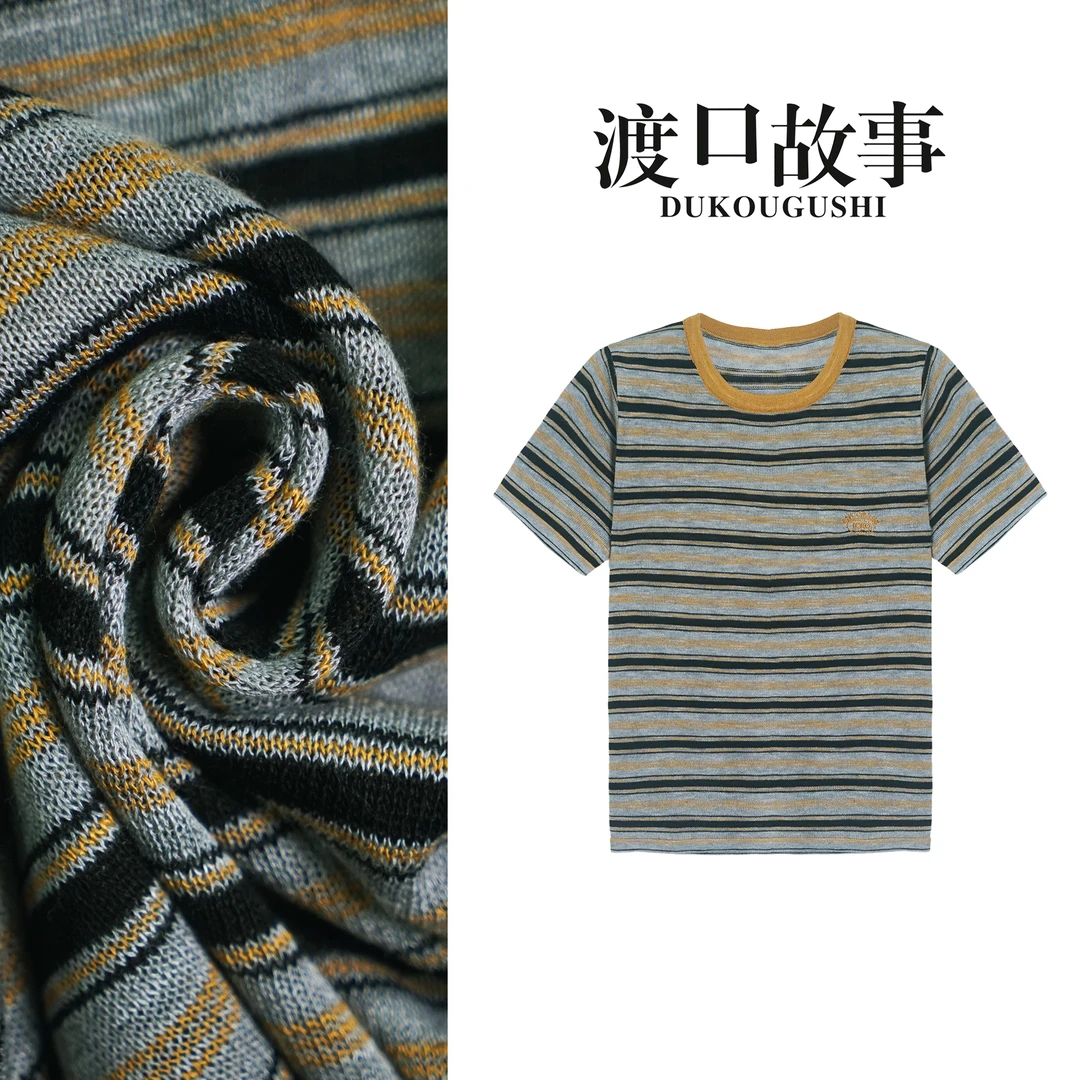 【渡口故事】莱赛尔条纹针织刺绣短袖夏季女上衣百搭休闲时尚款K52