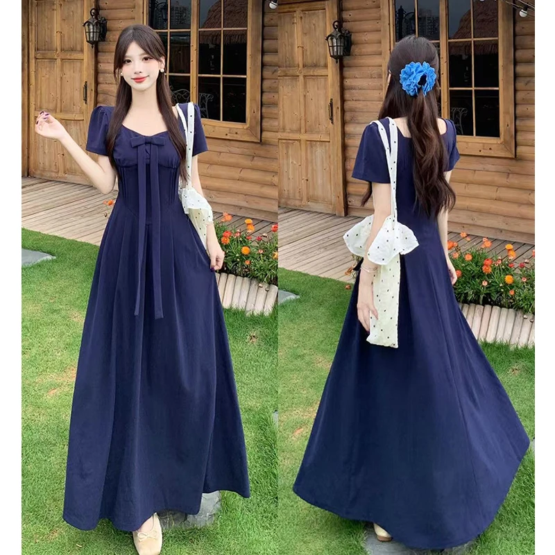 大码胖mm法式温柔蝴蝶结连衣裙女设计感高腰显瘦短袖长裙女