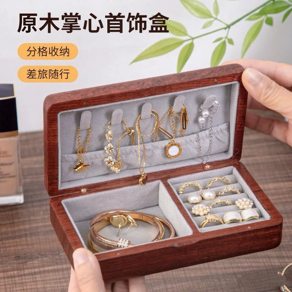 首饰盒/箱 缅甸花梨木原木迷你首饰盒磁吸出差旅行携带红木首饰盒