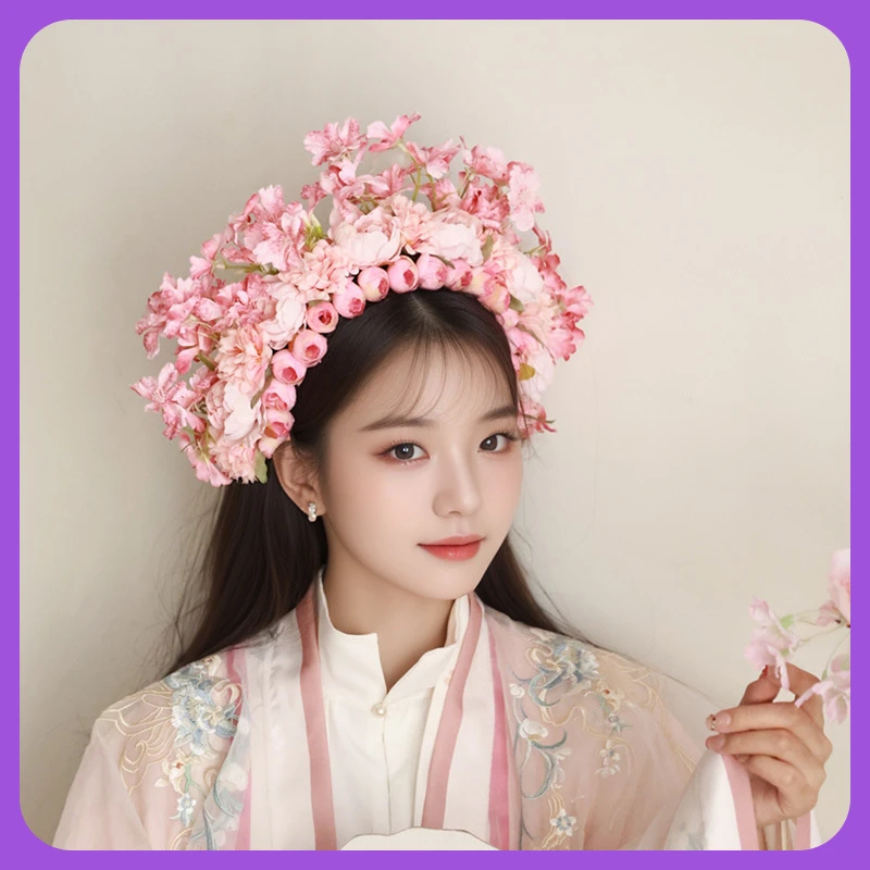 新款甜美仿真丝花发饰头箍汉服配饰民族风合金簪花围女性装饰
