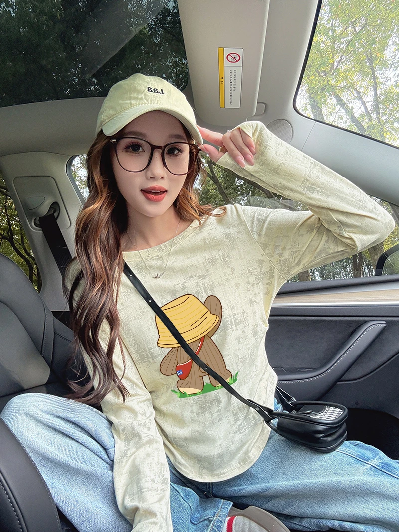 辣妹设计感扎染打底衫内搭T恤女韩版时尚修身显瘦皱褶收腰上衣ins