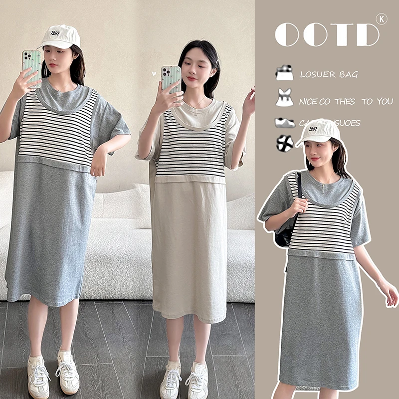 2025纯棉短袖长裙宽松休闲过膝t恤裙简约中长款连衣裙女显瘦夏季