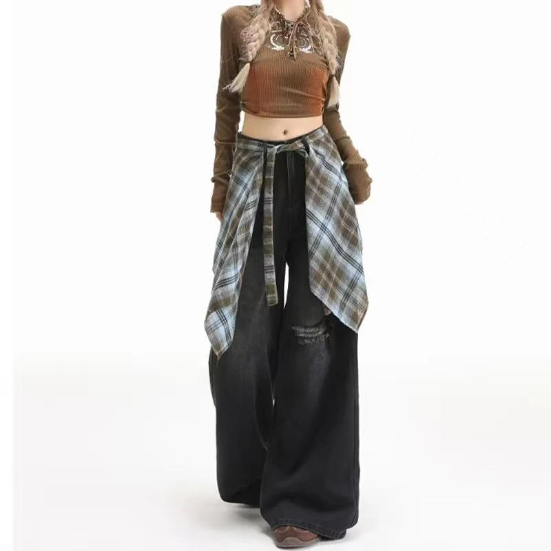 可拆卸屁帘直筒牛仔裤女2025新款秋季高腰A字版假破洞宽松阔腿裤