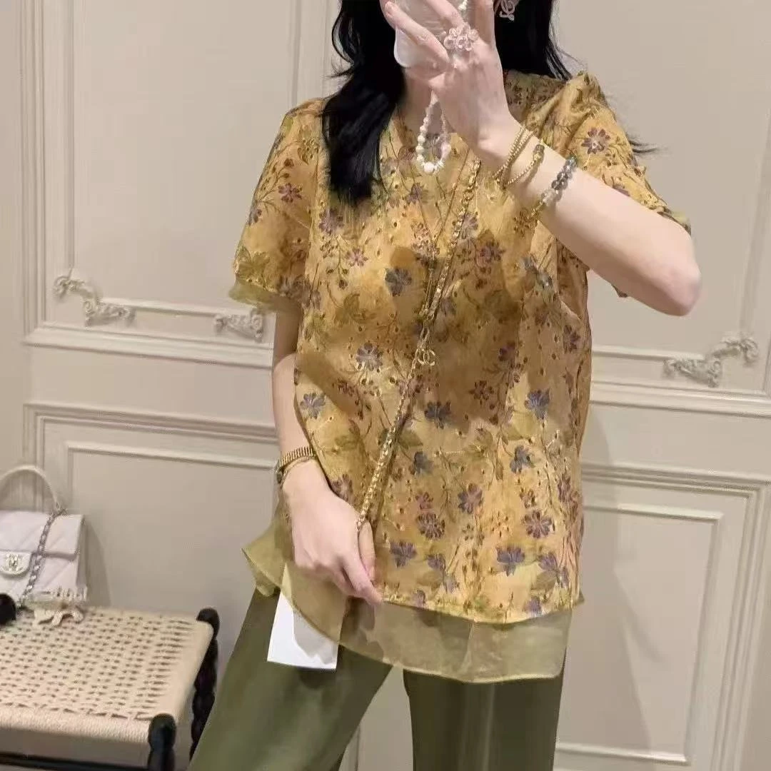 镂空碎花国风短袖上衣5985