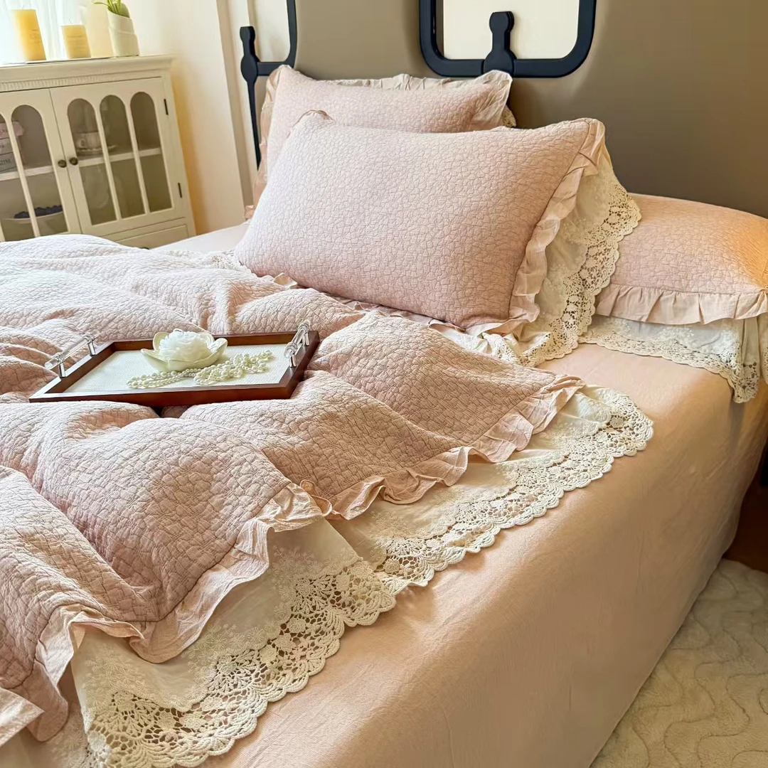 【超级红】小苍兰-粉 空气层棉麻四件套