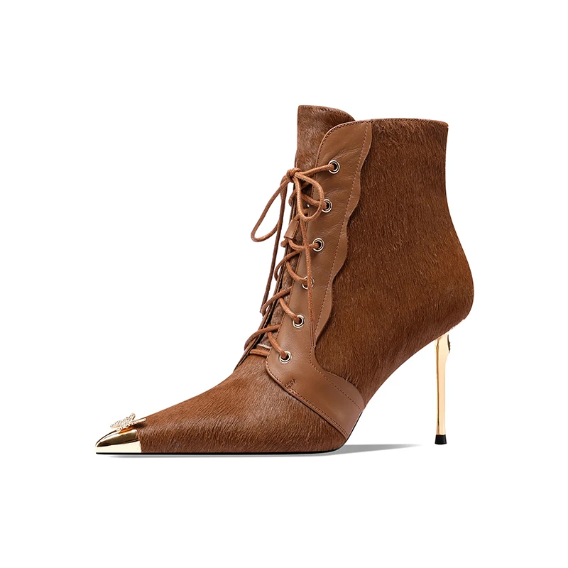 SIMONE 2024秋冬简约尖头马毛系带细跟时尚高跟百搭潮流气质短靴