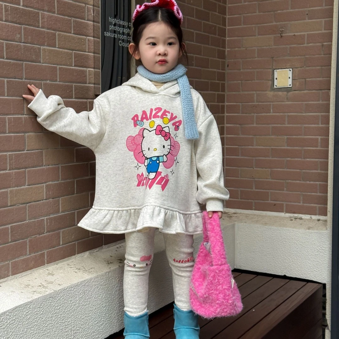 2025冬季新款童装 韩版童装 女童可爱猫咪印花加绒卫衣 连帽卫衣