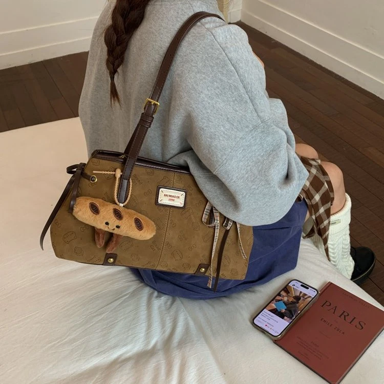 小猫托特包防盗拉链可爱风单肩包休闲通勤百搭肩包1730棕