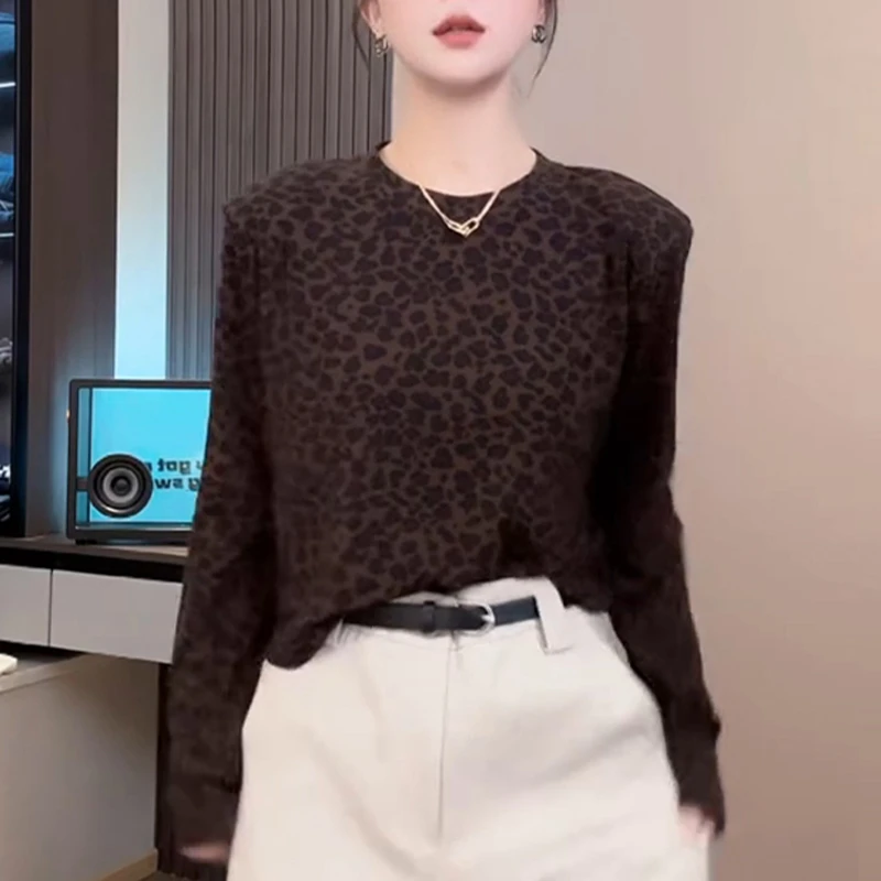 老钱风豹纹圆领大码T恤女早秋新款轻薄舒适慵懒减龄显瘦长袖上衣