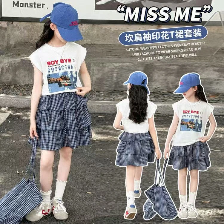 女童儿童套装2025夏季新款韩版洋气T恤短袖格子蛋糕半身裙两件套