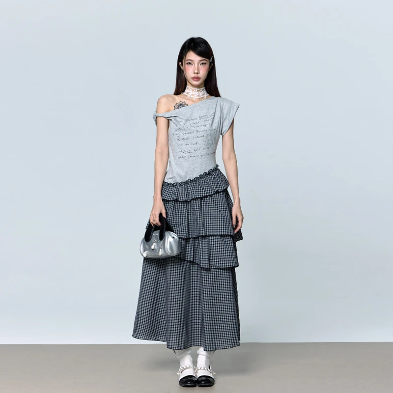 moonslept针织梭织 假两件印花蛋糕连衣裙