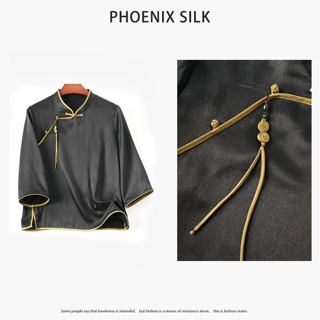 琸娅100%桑蚕丝香云纱顺纡绉国风高端女装斜襟轻奢盘扣真丝衬衫