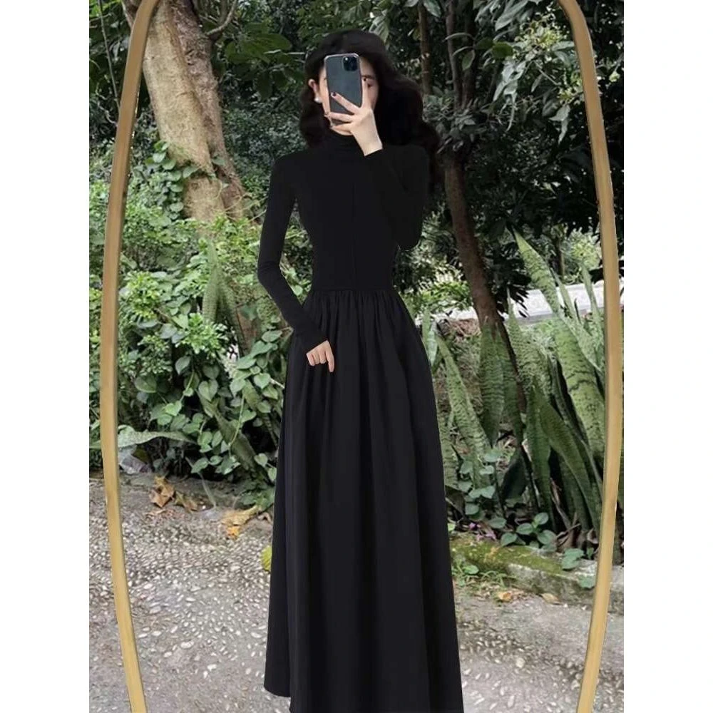 .赫本风黑色长袖拉链针织连衣裙女小夏季波西米亚连衣裙