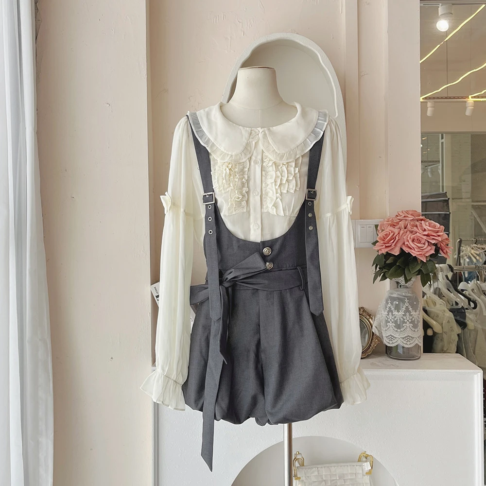 LHTE青青大码女装T5396秋装新款米衬衫灰背带裤英伦风收腰背带