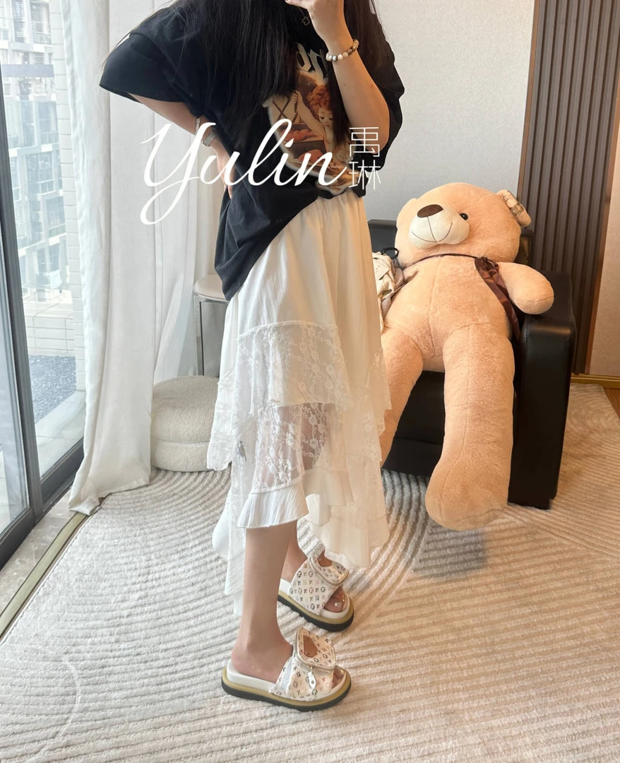 yulin妹妹同款蕾丝拼接不规则荷叶边中长裙