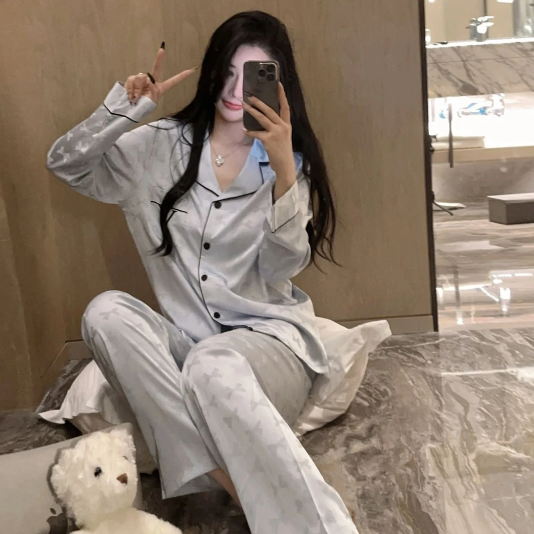 【】新款冰丝大码睡衣女士春秋季薄款高级感家居服套装夏