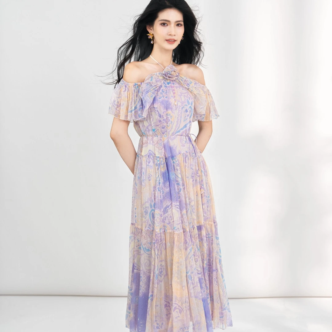 【双十一活动款】YINGCHOI真丝印花连衣裙仙女裙32580一字肩挂脖