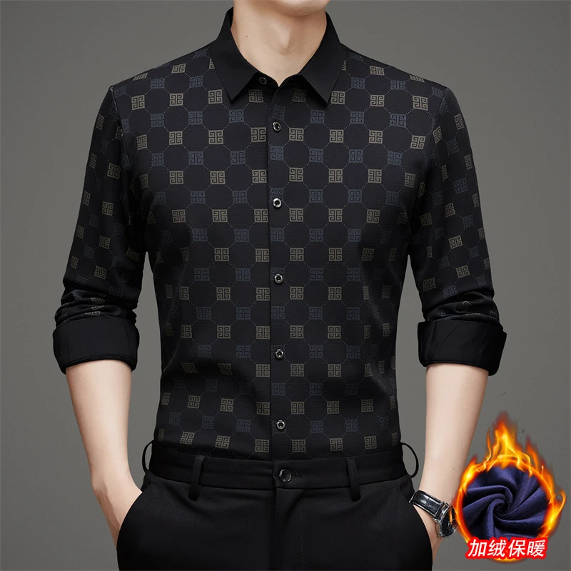直播加绒加厚印花字母无痕加绒长袖衬衣青年商务休闲气质衬衣