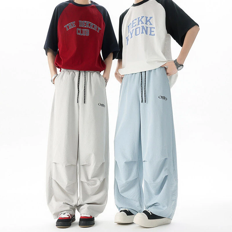 浅蓝色多巴胺伞兵裤新款褶皱设计感工装裤cleanfit宽松阔腿休闲裤