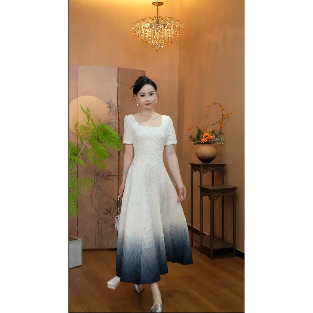 3666【白月皎洁】夏新款高级感小众法式复古气质高腰显瘦渐变长裙