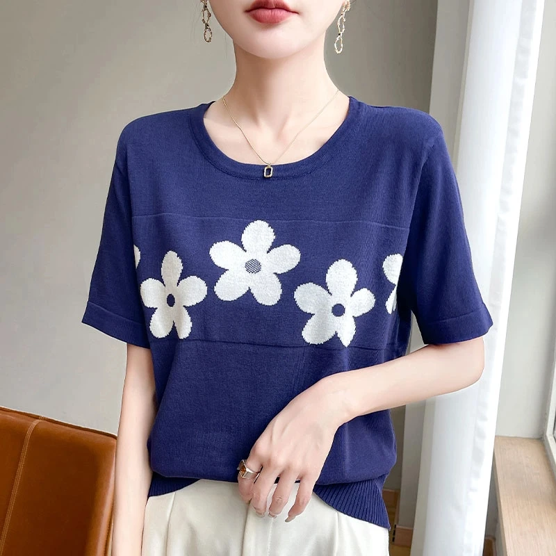 夏季薄款时尚提花短袖针织t恤女休闲宽松上衣百搭圆领