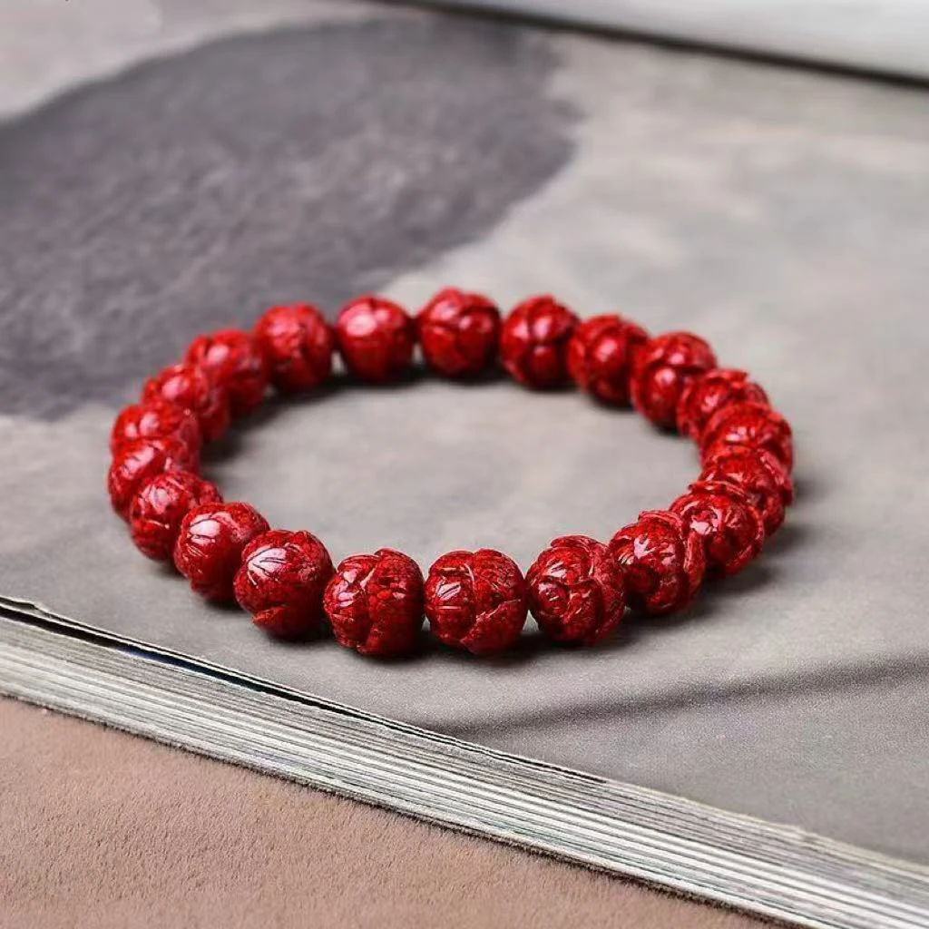 含辰砂工艺品朱砂天然晶体全雕刻莲花9mm手串