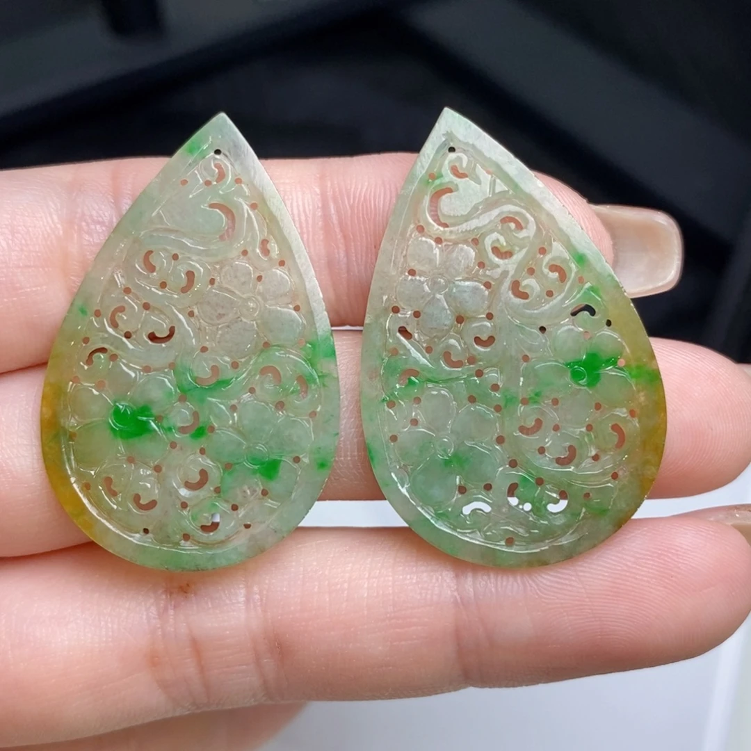 翡翠未镶嵌耳饰镂空雕花片