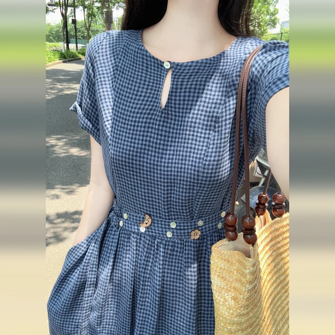 3985高级感蓝色格纹衬衫法式连衣裙子女夏季2025新款大方得体长裙