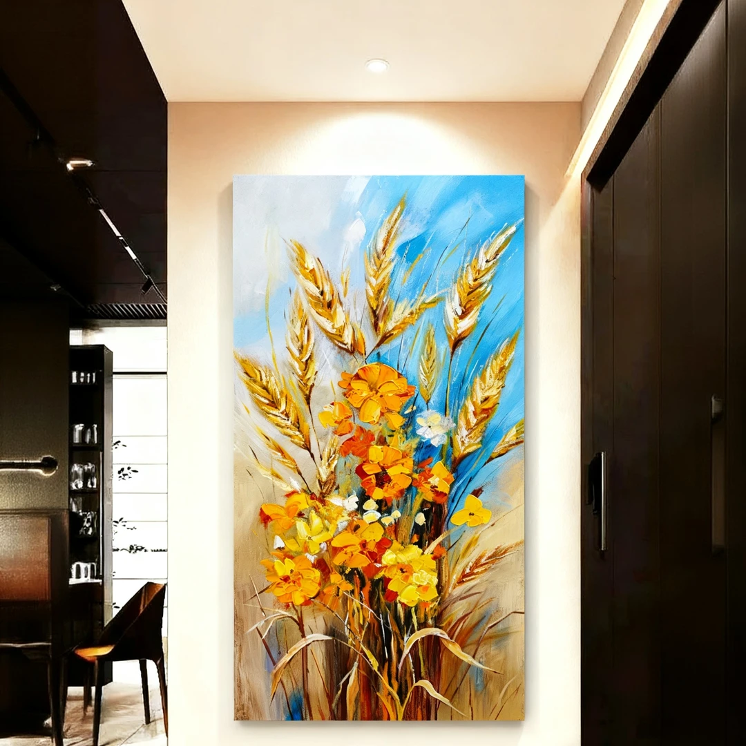 《丰收麦穗》玄关沙发背景墙装饰画手工机理油画