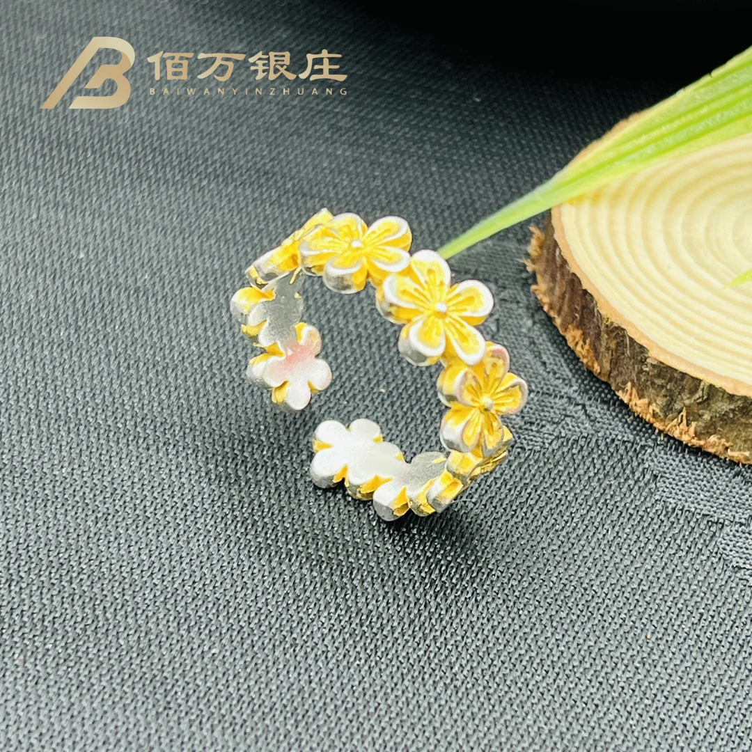足银戒指 【佰万银庄】足银999.9黄色珐琅彩桃花朵朵开口戒指约5.2g