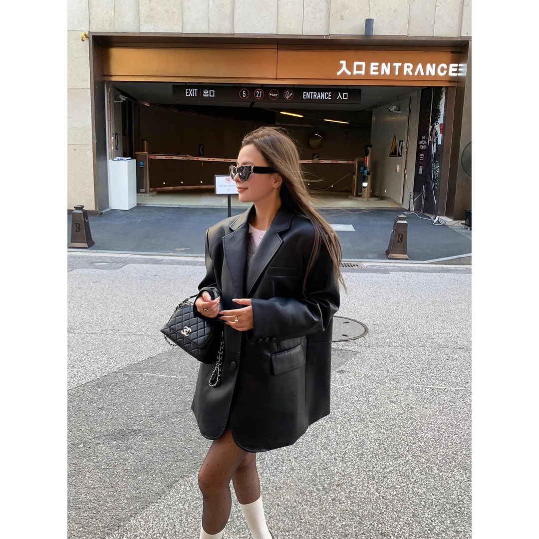 高级感复古宽松休闲廓形炸街中长款PU皮西装皮衣外套女2025秋冬