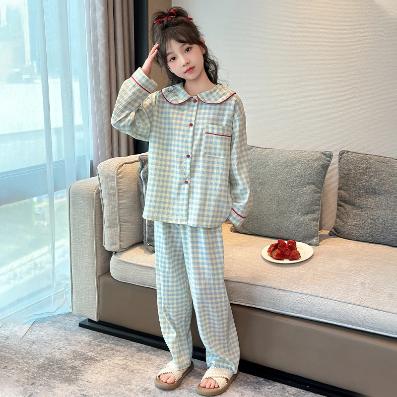 女童睡衣春秋款2025新款女孩长袖格子套装儿童娃娃领公主风家居服