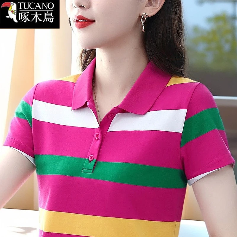 啄木鸟条纹拼色设计感T恤运动百搭女2025年新款夏季短袖翻领上衣