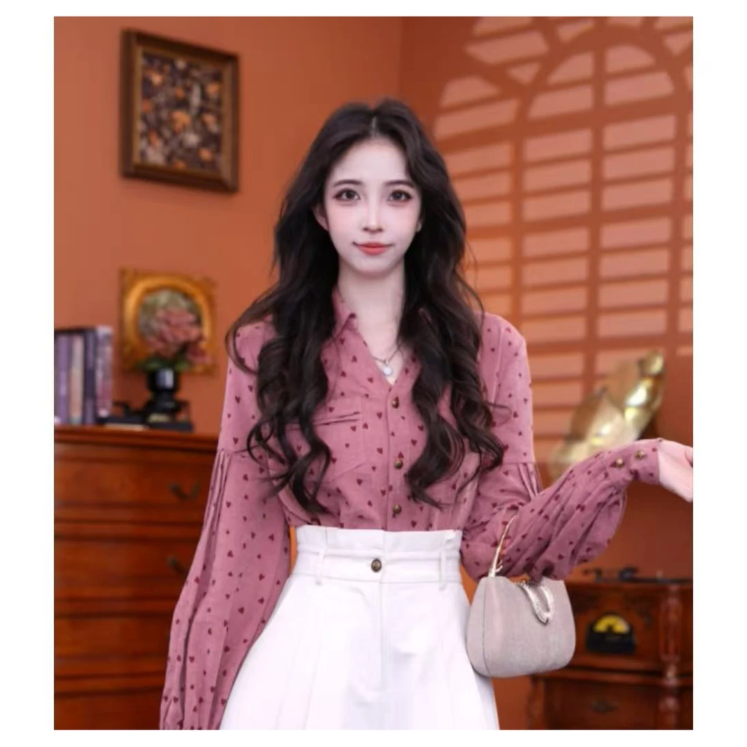 豆芽【情人甜心】港味复古时尚气质设计感长袖上衣02846