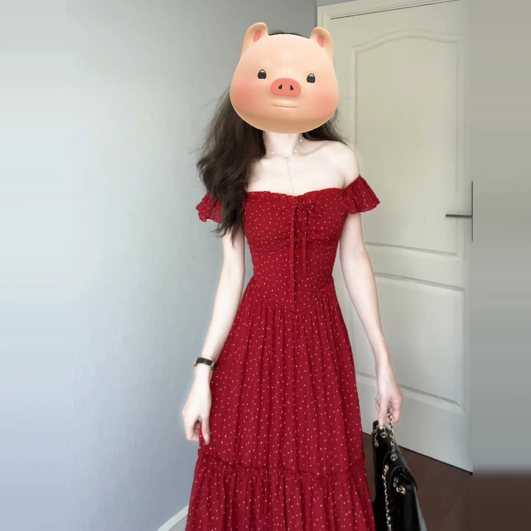 【现货+运补】红色波点小飞袖吊带连衣裙子女夏季漂亮掐腰长裙3621