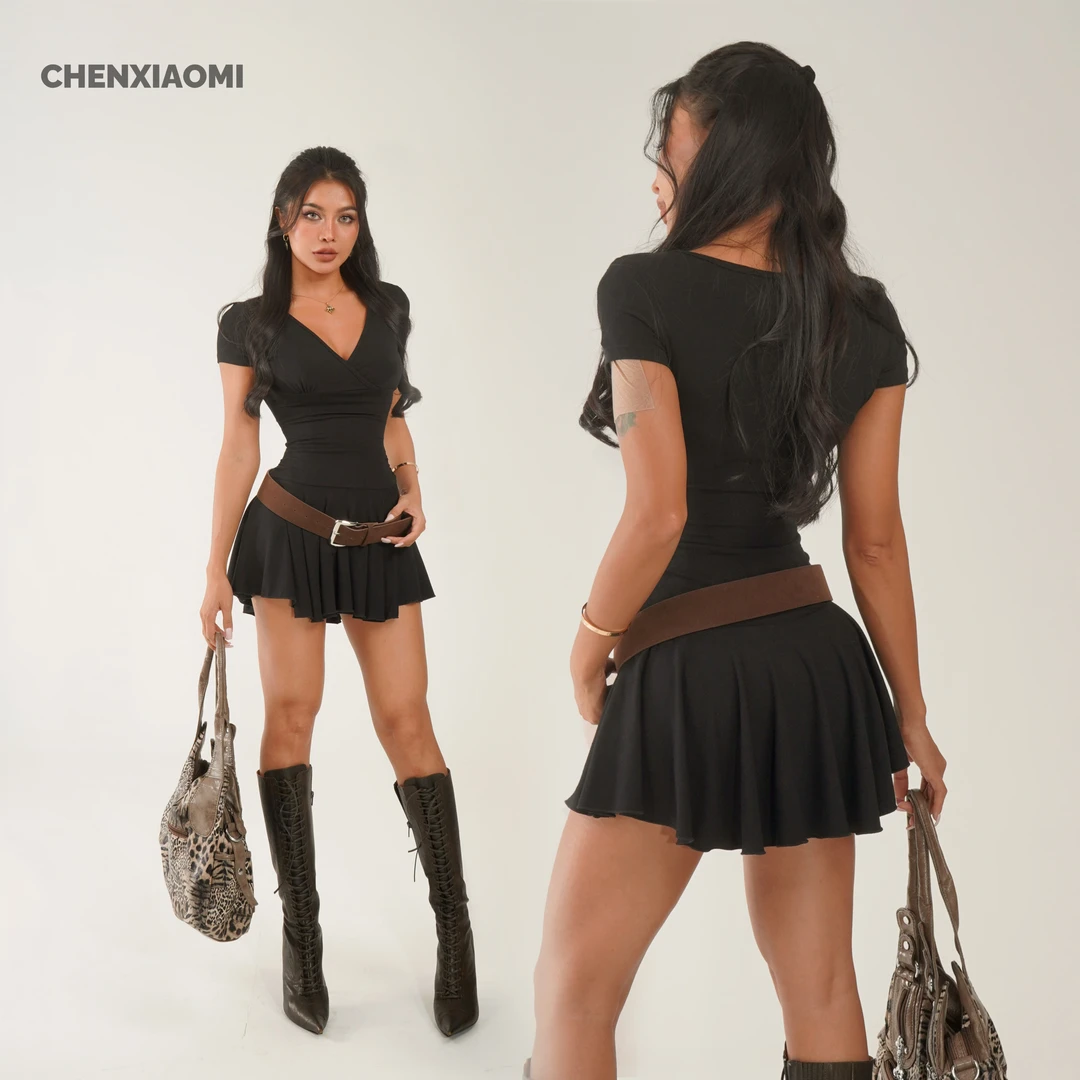 【蜜蜜家】沪姐 欧美辣妹V领短袖法式芭蕾A字短裙 ZA009